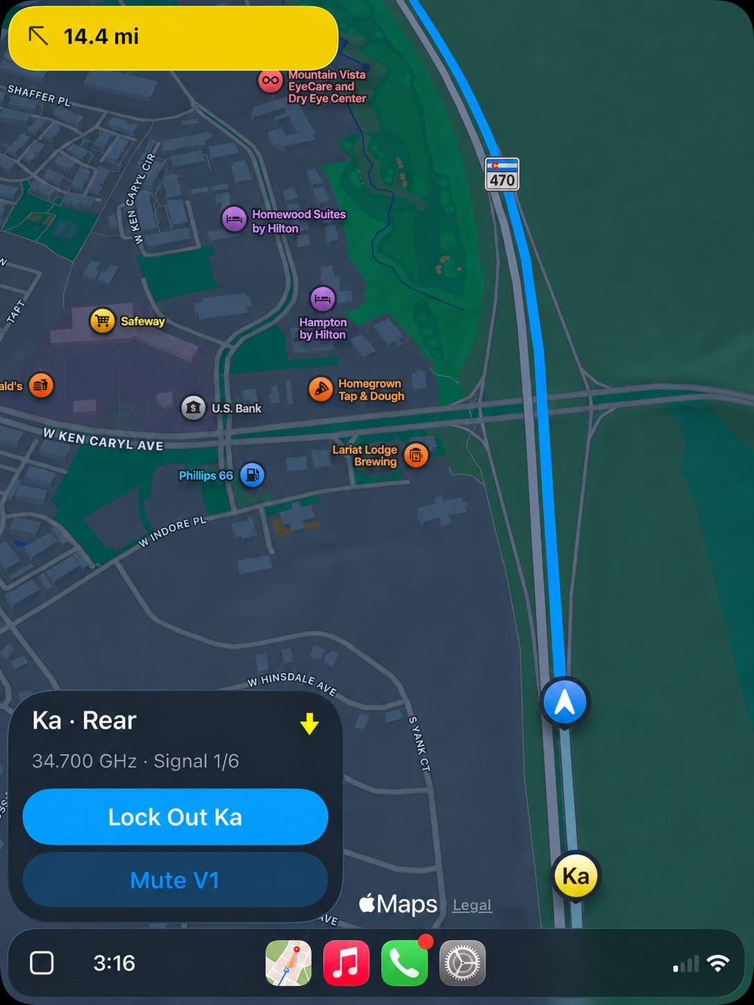 CarPlay navigating with a live Ka rear alert at 34.700 GHz, showing Lock Out Ka and Mute V1 actions over the map