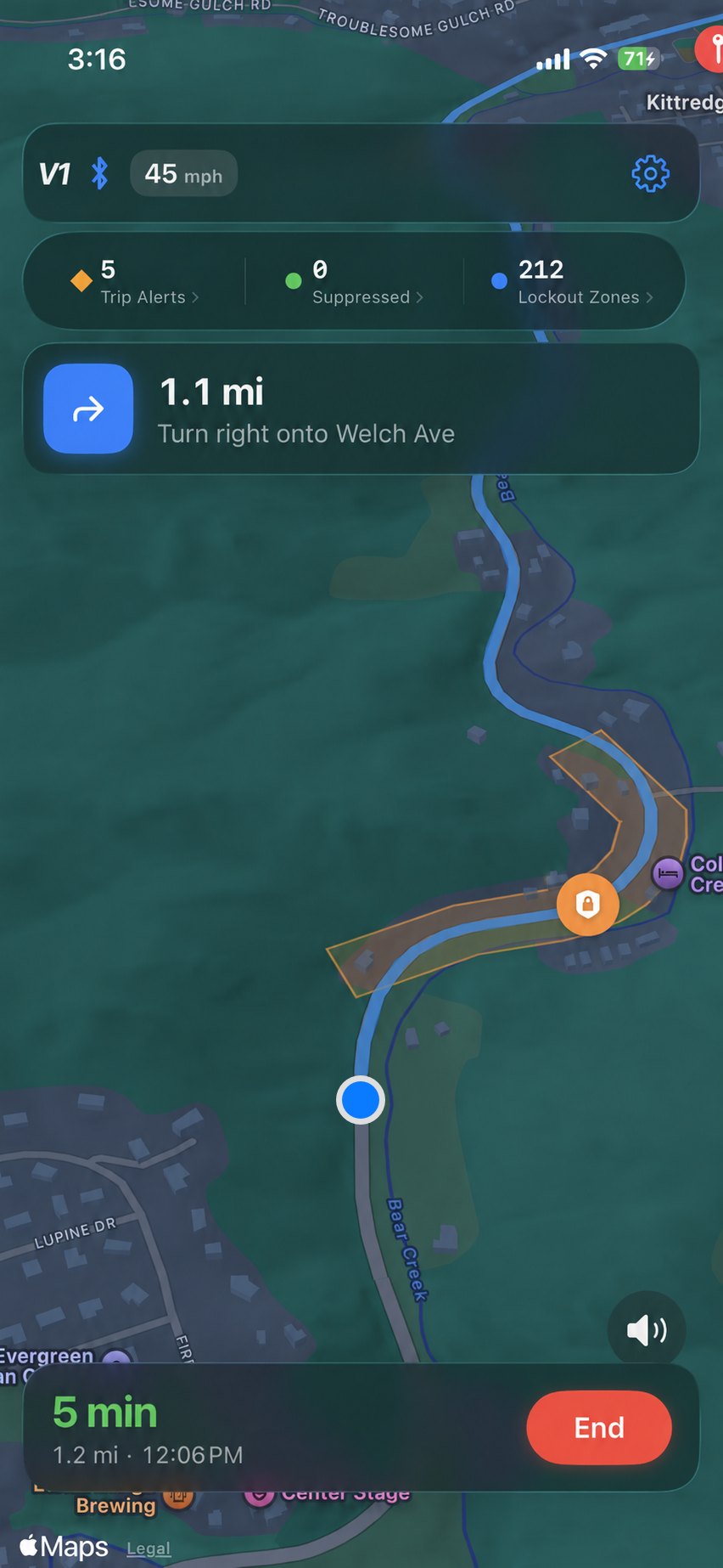 A lockout corridor drawn on the iPhone map, following the bends of a curved road