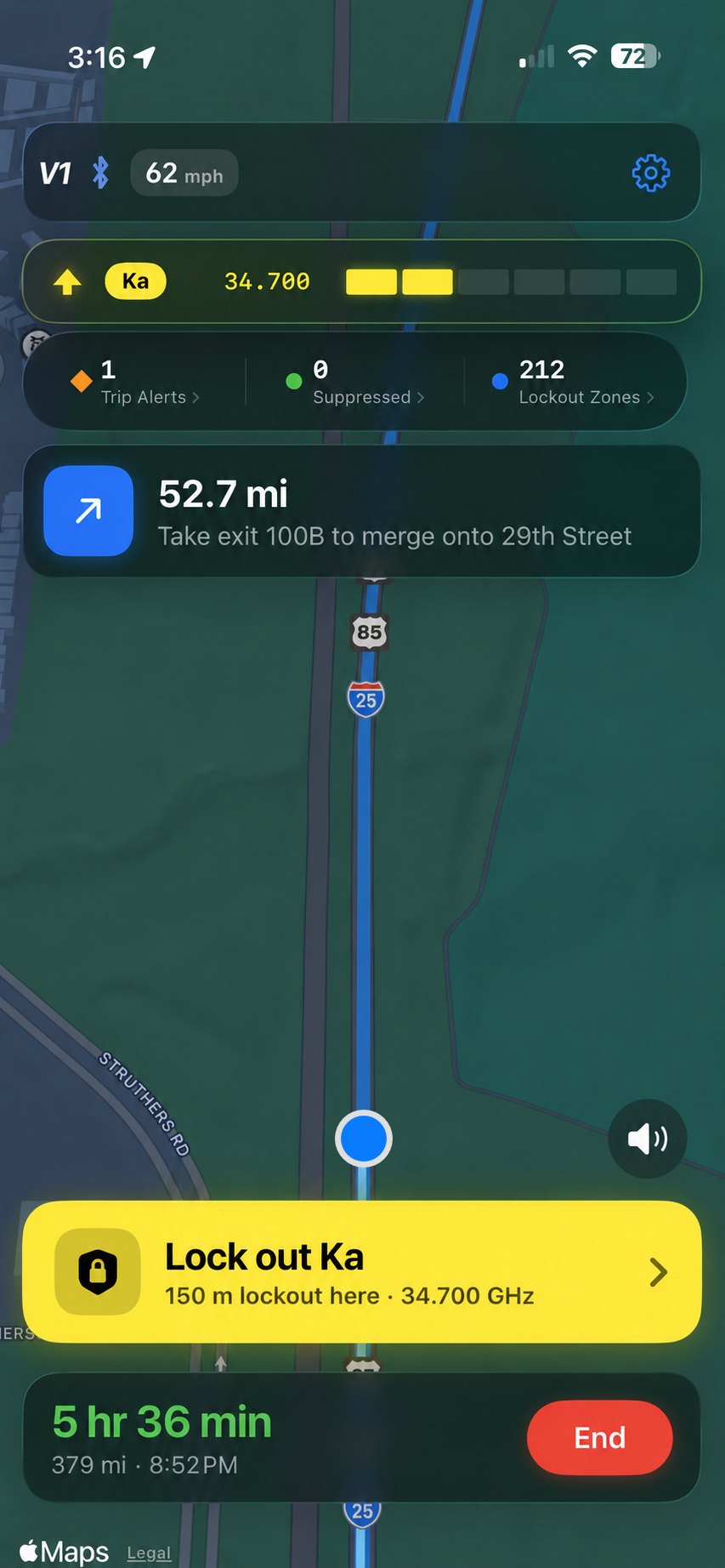 iPhone map with a live Ka alert: band chip, 34.700 GHz, six-level meter, alert pin, and a Lock out Ka action