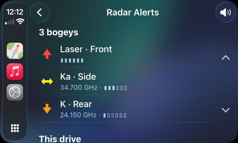 CarPlay Radar Alerts list showing three simultaneous bogeys: Laser front, Ka side at 34.700 GHz, K rear at 24.150 GHz, each with a signal meter